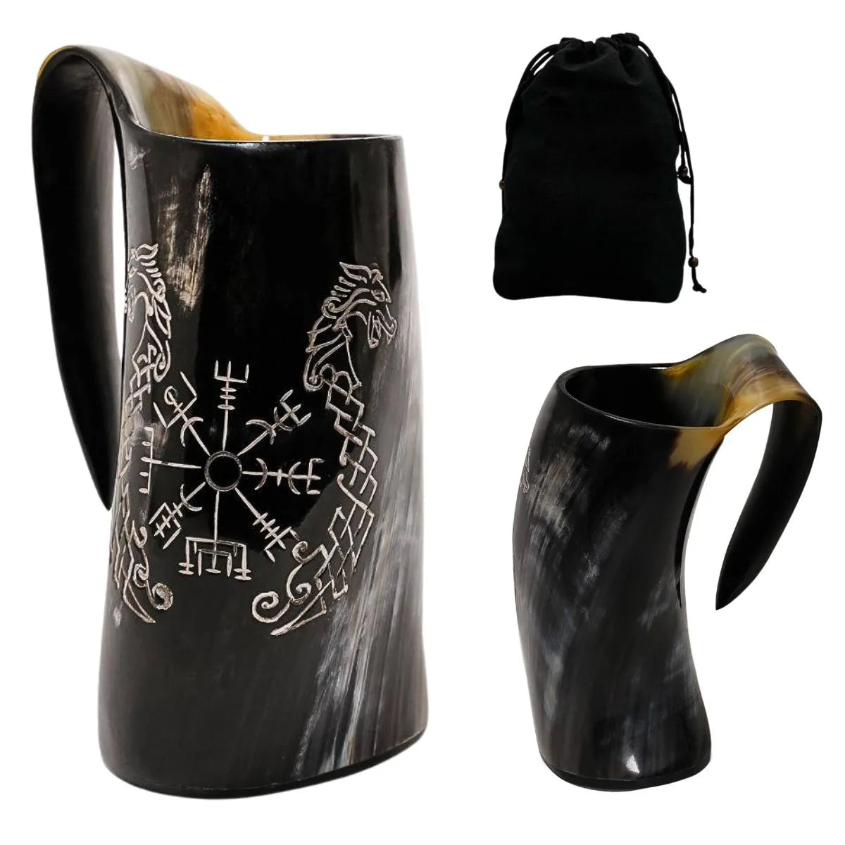 Taza de Cuerno Vikingo Artesanal - Vegvisir y Caballo