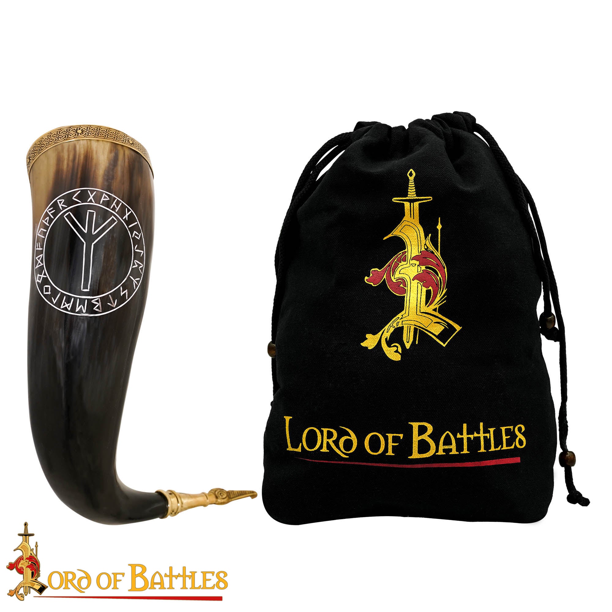 Cuerno Vikingo para Beber con Runa de Algiz - Cuerno de Buey Natural Pulido con Borde y Punta de Latón - Imagen 4