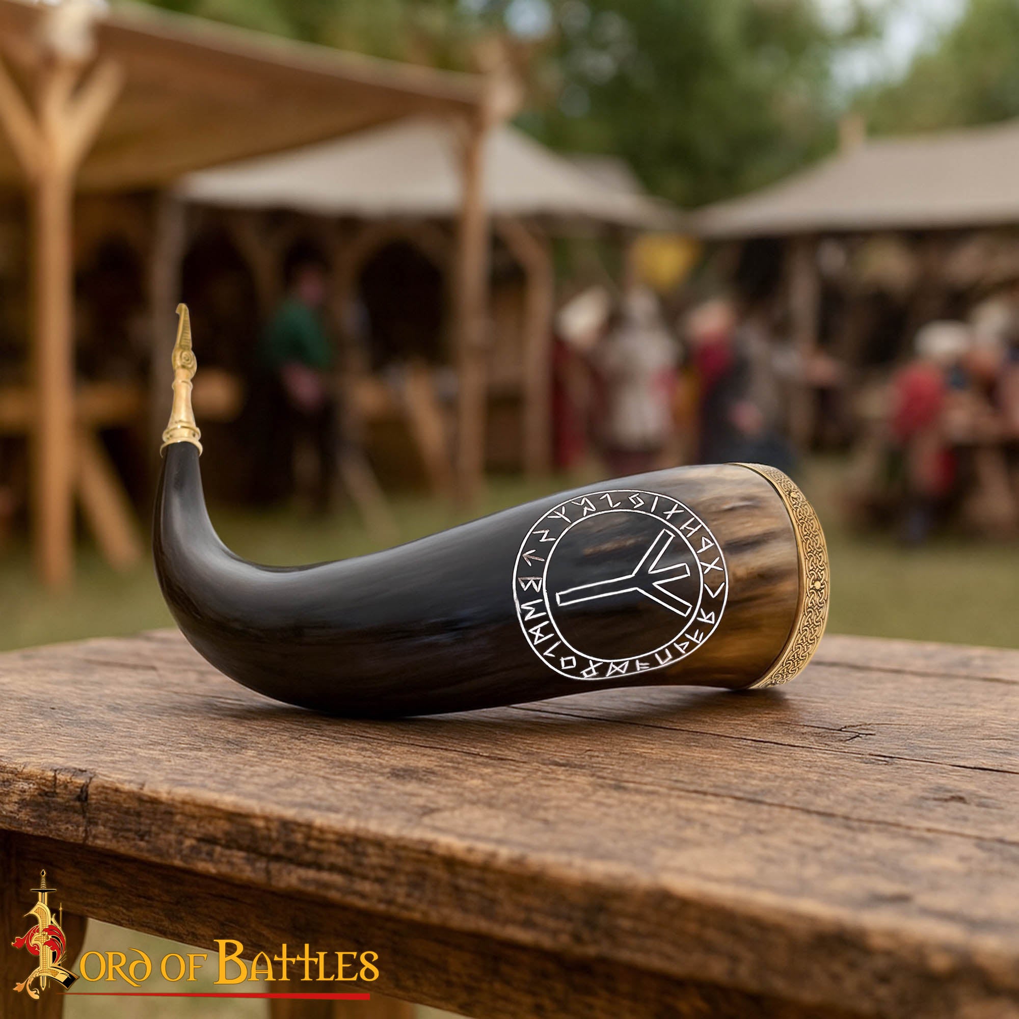 Cuerno Vikingo para Beber con Runa de Algiz - Cuerno de Buey Natural Pulido con Borde y Punta de Latón - Imagen 5