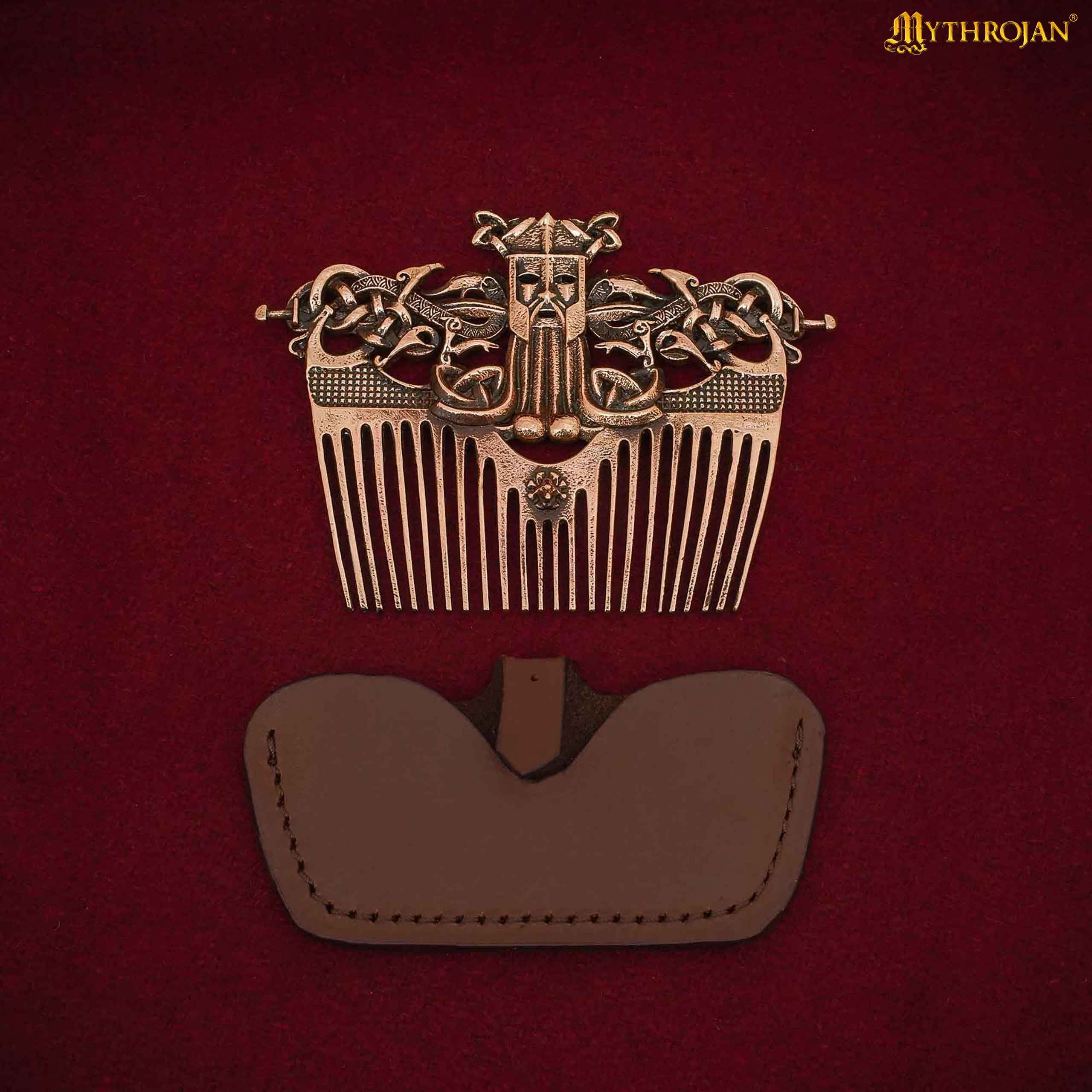 Peine para Barba Nórdico de Bronce con Funda de Cuero - Herramienta de Acicalamiento de Estilo Vikingo - Imagen 1