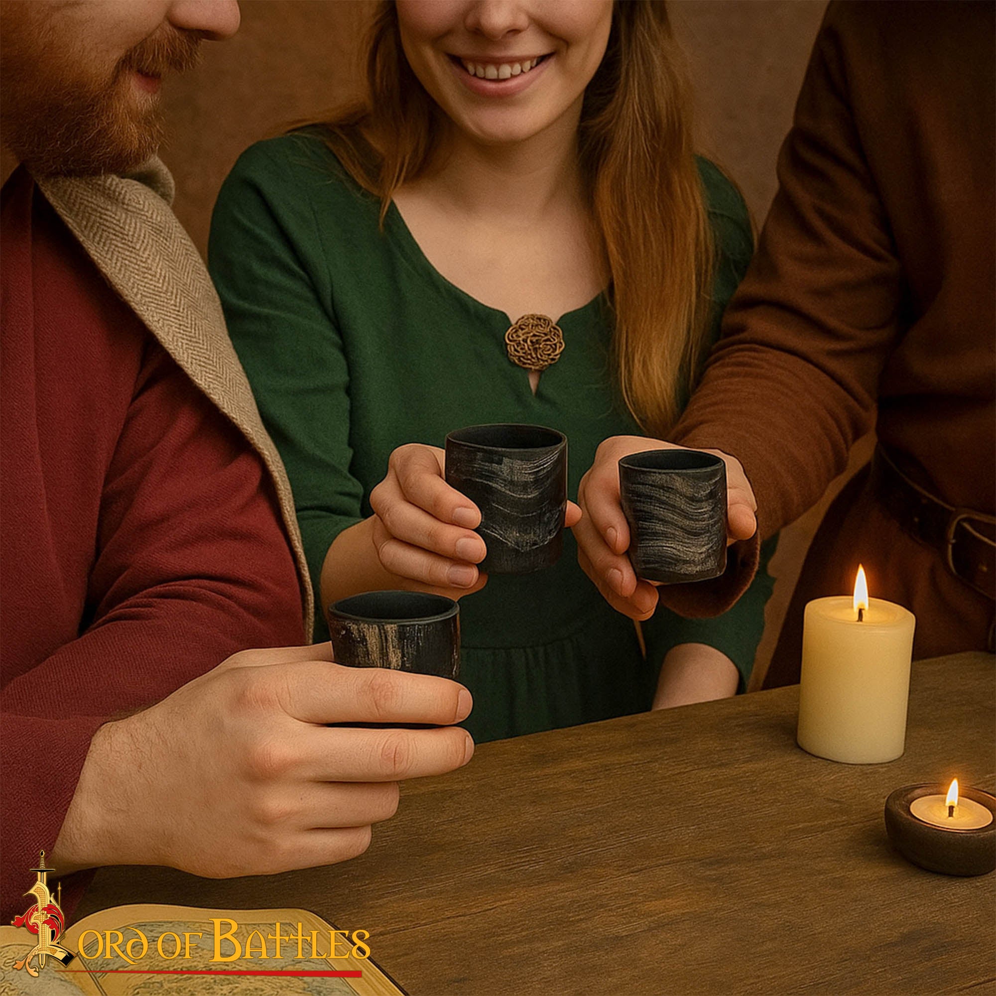 Set de 3 Vasos Medievales Vikingos de Cuerno de Búfalo Genuino Hechos a Mano - Imagen 2