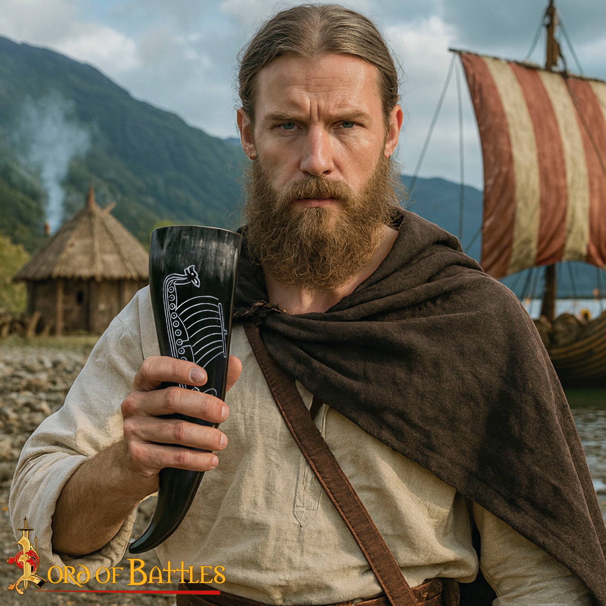 Cuerno Vikingo para Beber con Grabado Longship - Cuerno de Buey Natural Pulido, Mead Ale - Imagen 1