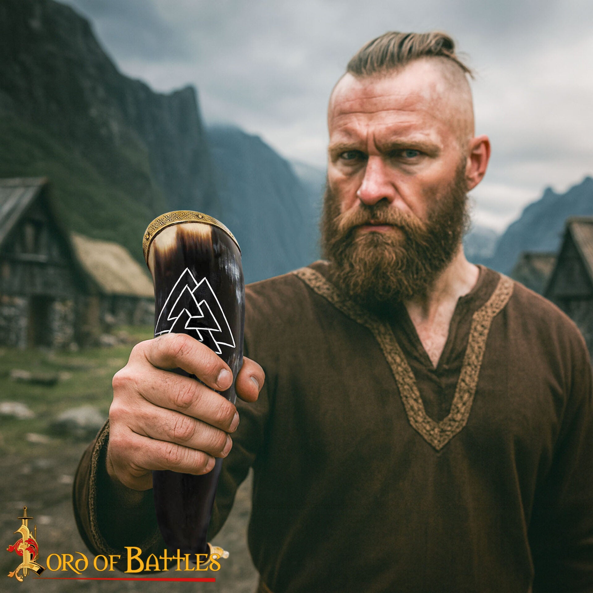 Cuerno para Beber Vikingo con Grabado Valknut - Cuerno de Buey Natural Pulido con Borde y Punta de Latón - Imagen 2