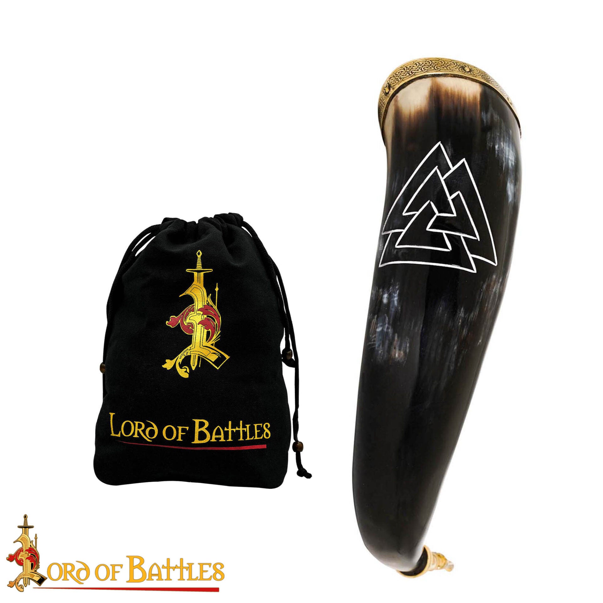 Cuerno para Beber Vikingo con Grabado Valknut - Cuerno de Buey Natural Pulido con Borde y Punta de Latón - Imagen 4