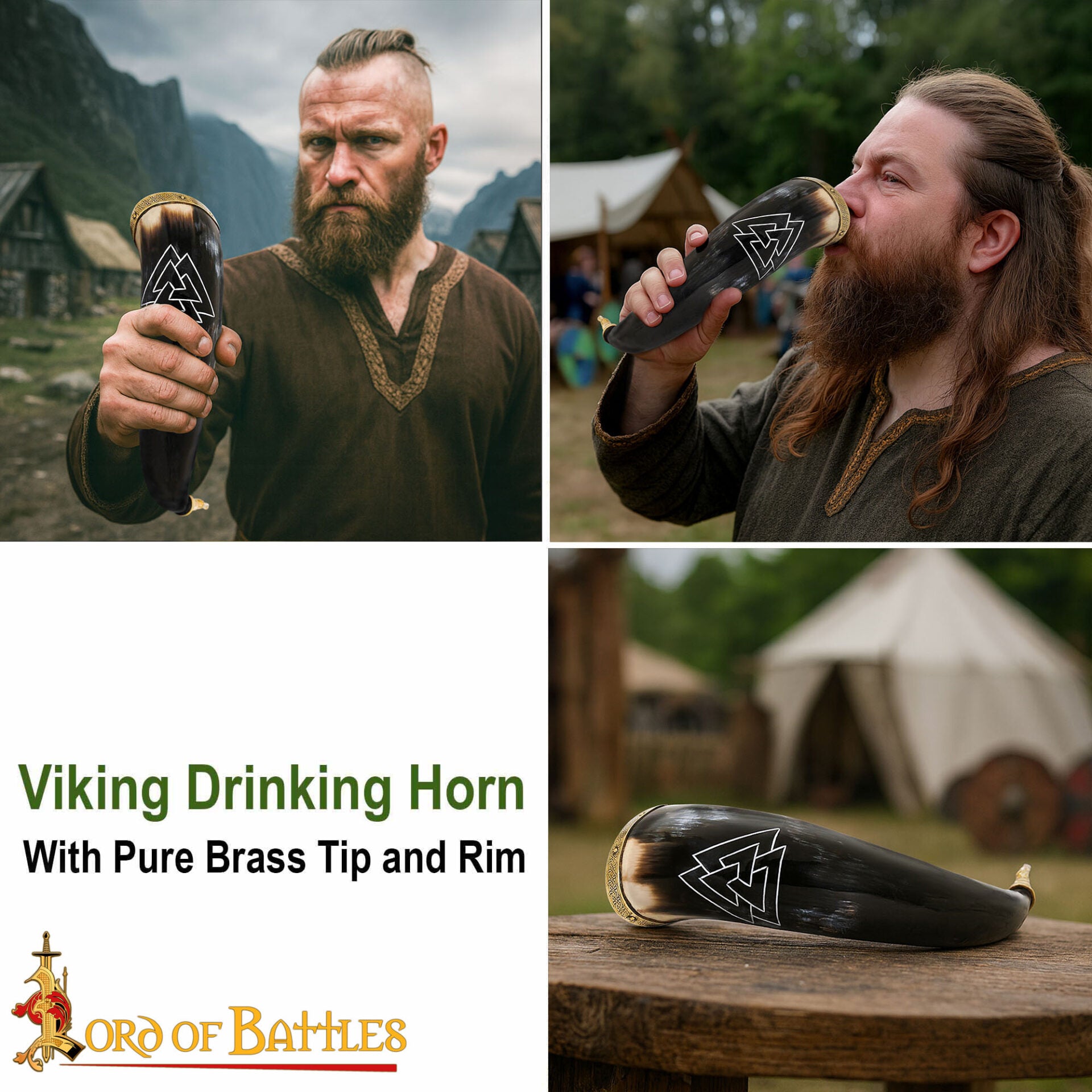 Cuerno para Beber Vikingo con Grabado Valknut - Cuerno de Buey Natural Pulido con Borde y Punta de Latón - Imagen 7