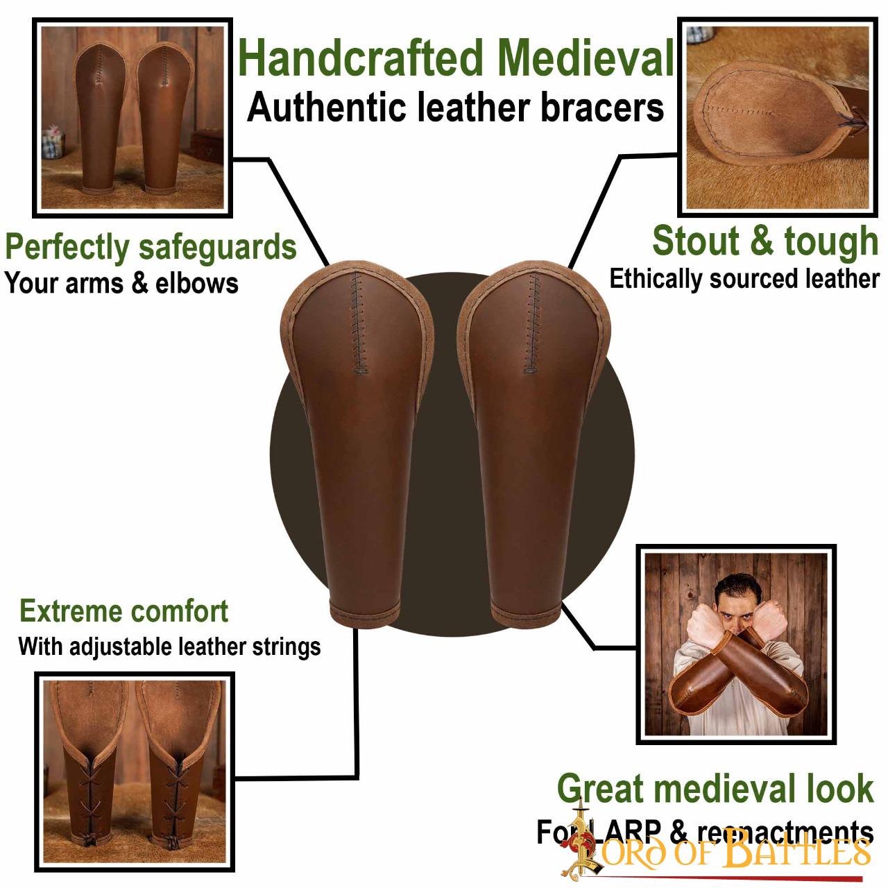 Brazaletes Medievales de Cuero con Protección para el Codo - Guardabrazos Artesanales con Cordón Ajustable - Imagen 4