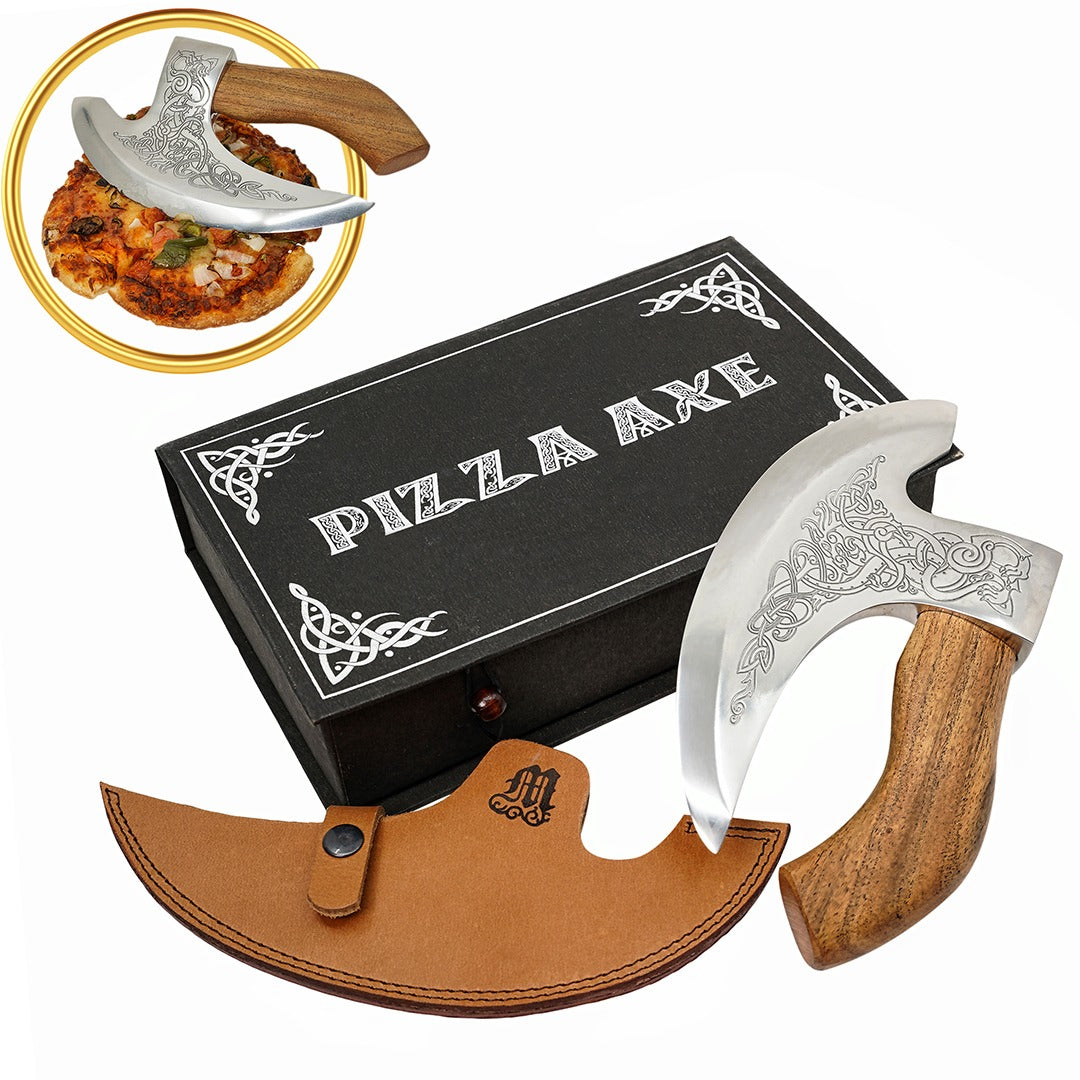 Mythrojan Hacha Vikinga para Pizza - Cortador de Pizza de Acero Inoxidable Forjado a Mano con Mango de Acacia Maciza y Funda de Cuero - Grabado Celta - Caja de Regalo - Imagen 12
