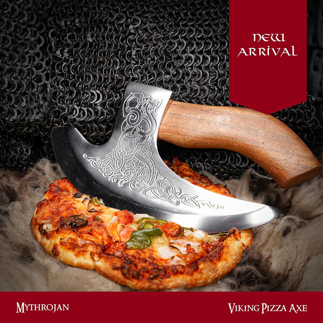 Mythrojan Hacha Vikinga para Pizza - Cortador de Pizza de Acero Inoxidable Forjado a Mano con Mango de Acacia Maciza y Funda de Cuero - Grabado Celta - Caja de Regalo - Imagen 14