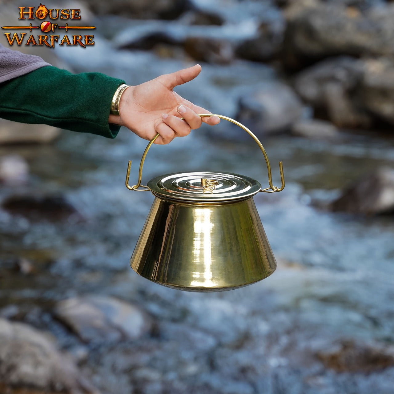 Hervidor Medieval de Latón con Tapa - Olla Histórica para Cocinar Al Aire Libre y en Hogueras - Caldero de Latón Pulido Hecho a Mano - Imagen 12