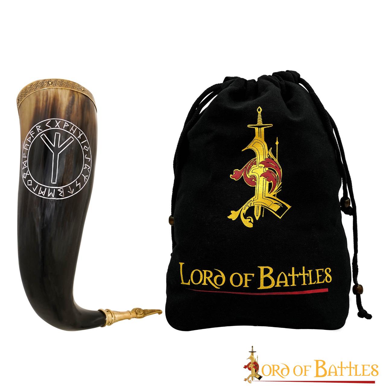 Cuerno Vikingo para Beber con Runa de Algiz - Cuerno de Buey Natural Pulido con Borde y Punta de Latón - Imagen 8