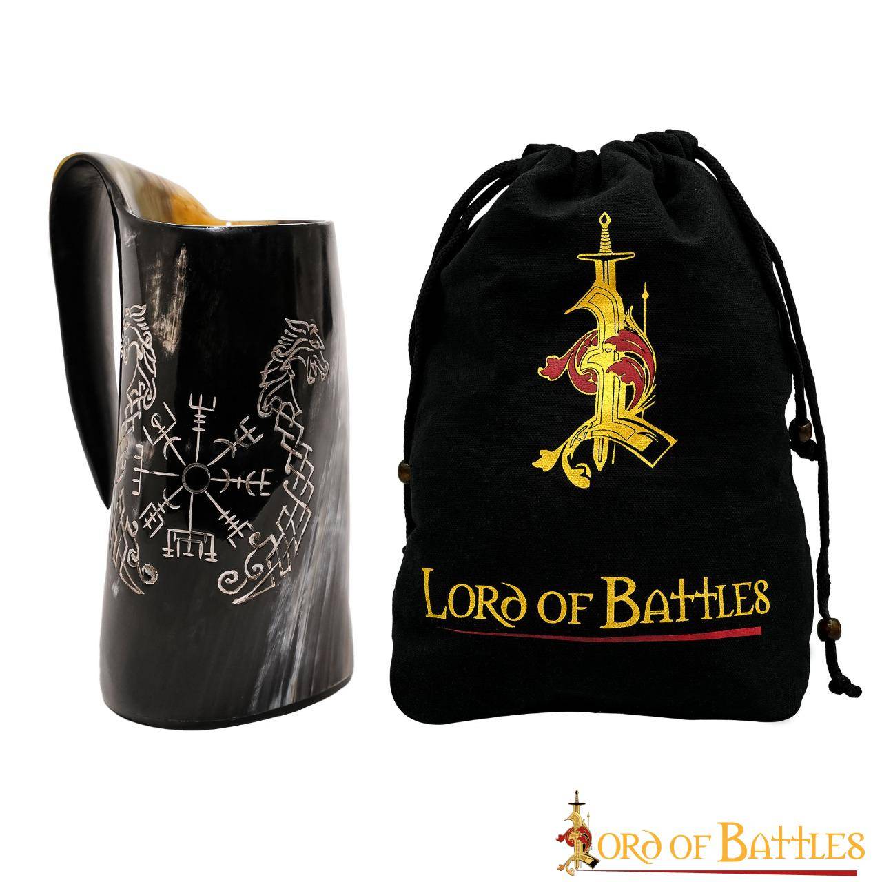 Taza de Cuerno Vikingo con Vegvisir y Grabado de Caballo Gemelo Taza de Cuerno de Buey Natural Pulido, Jarra para Hidromiel y Cerveza - Imagen 7