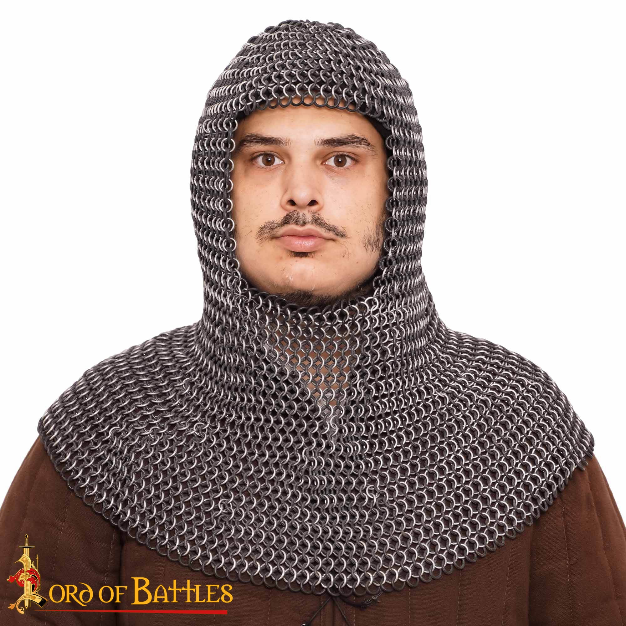 Cofia Medieval de Cota de Malla - 10mm Butted Round Aluminium & Black Rubber Rings 14 Gauge Lightweight Armor - Ideal For Larp & Film Costumes - Imagen 4