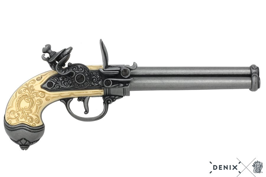Imagen de PISTOLA DE CHISPA DE 3 CAÑONES, ITALIA 1680 1016G,Réplica no funcional parte de nuestra colección en Espadas y más, sitio oficial.