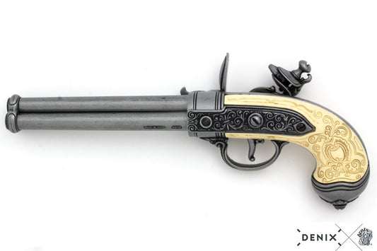 Imagen de PISTOLA DE CHISPA DE 3 CAÑONES, ITALIA 1680 1016G,Réplica no funcional parte de nuestra colección en Espadas y más, sitio oficial.