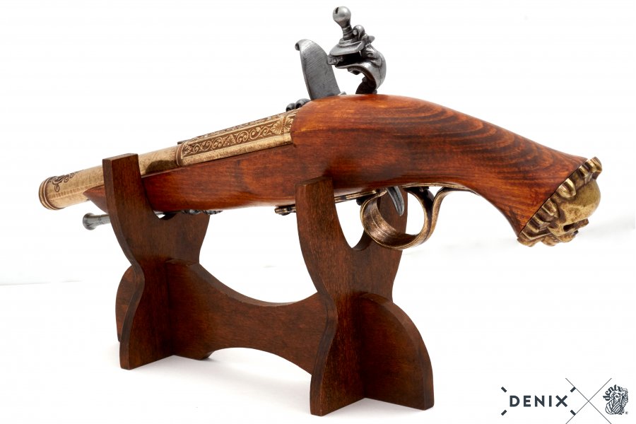 Imagen de réplica de una pistola pirata de chispa del S. XVIII. no funcional parte de nuestra colección en Espadas y más, sitio oficial.