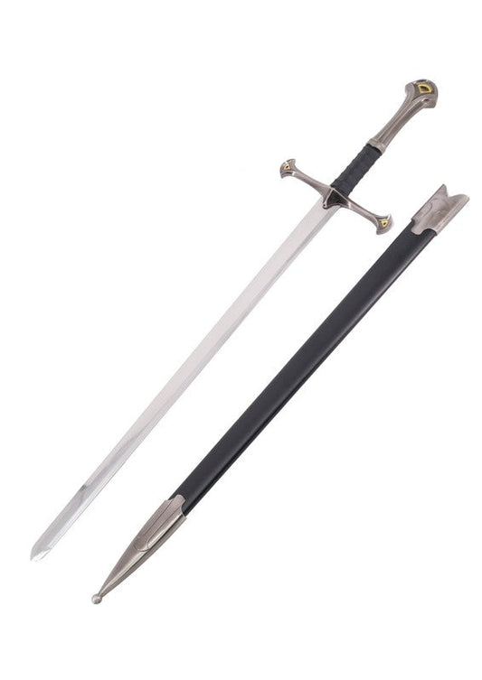 Espada Anduril de Aragorn de El Señor de los Anillos con vaina desenvainada y detalles de metal. Vendida por Espadas y más