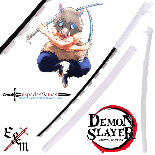 Katana japonesa de Inosuke de Kimetsu no Yaiba (Demon Slayer) con saya, sageo y tsuka blanca. Vendida por Espadas y más