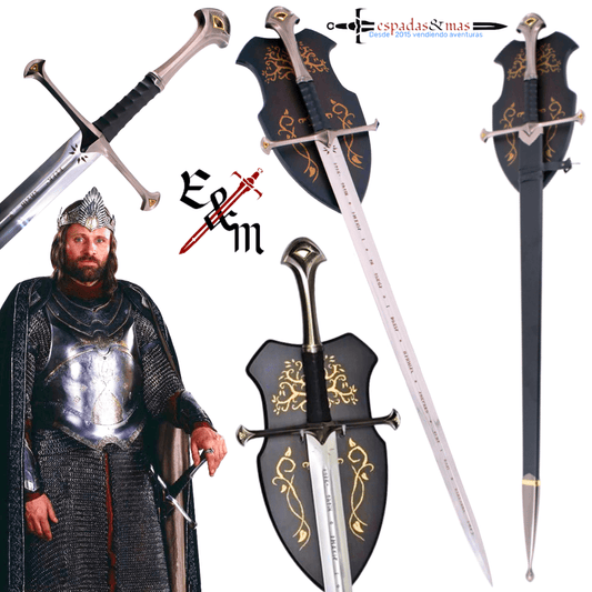 Espada Anduril de Aragorn de El Señor de los Anillos con expositor y vaina de piel igual que la de la película. Vendida por Espadas y más