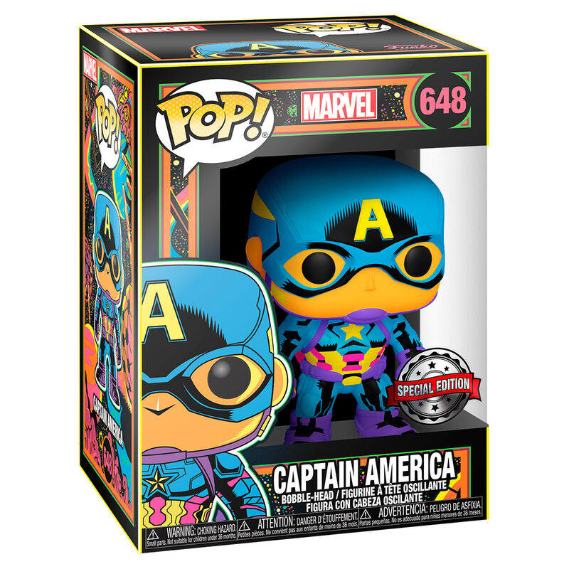 Imagen de Figura Pop Marvel Captain America Black Light Exclusive parte de nuestra colección en Espadas y más, sitio oficial.