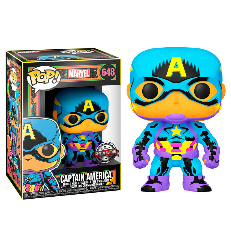 Imagen de Figura Pop Marvel Captain America Black Light Exclusive parte de nuestra colección en Espadas y más, sitio oficial.