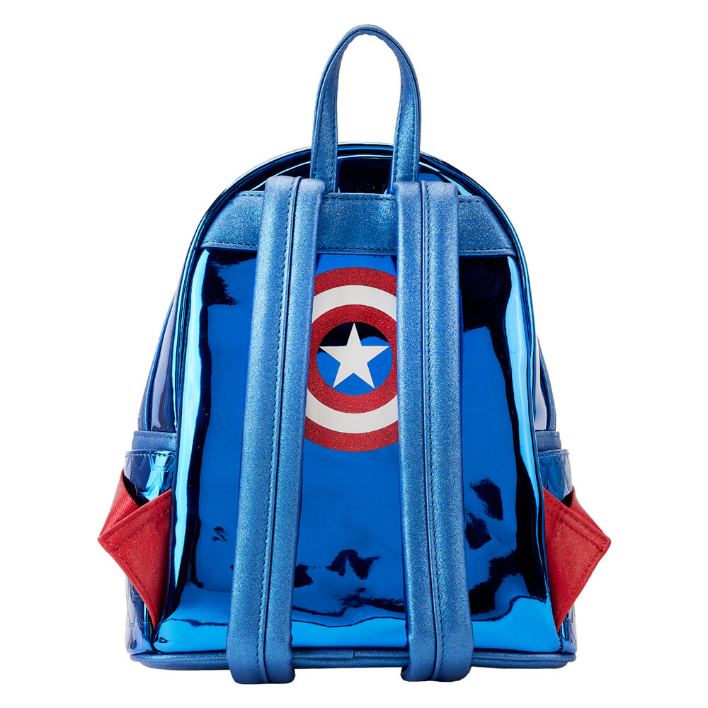 Imagen de Mochila Metallic Capitan America Marvel Loungefly 26Cm parte de nuestra colección en Espadas y más, sitio oficial.