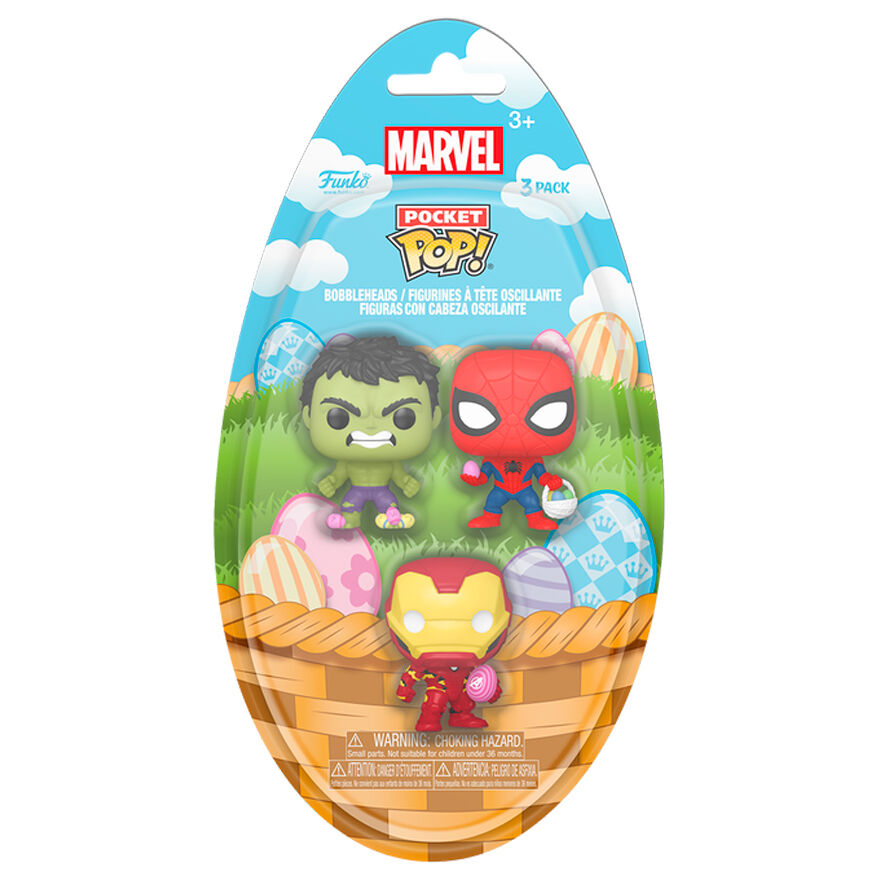 Imagen de Blister 3 Figuras Pocket Pop Marvel Spiderman Hulk Iron Man parte de nuestra colección en Espadas y más, sitio oficial.