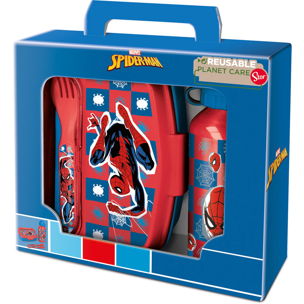 Imagen 1 de Set Sandwichera Cubiertos + Botella Aluminio Spiderman Marvel 400Ml