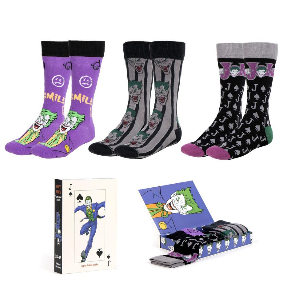 Imagen de Set 3 Calcetines Joker Dc Comics Adulto parte de nuestra colección en Espadas y más, sitio oficial.