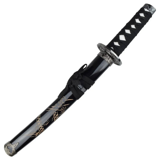Decorative Japanese Tanto with Engraved Dragon – Black, Red, and White
