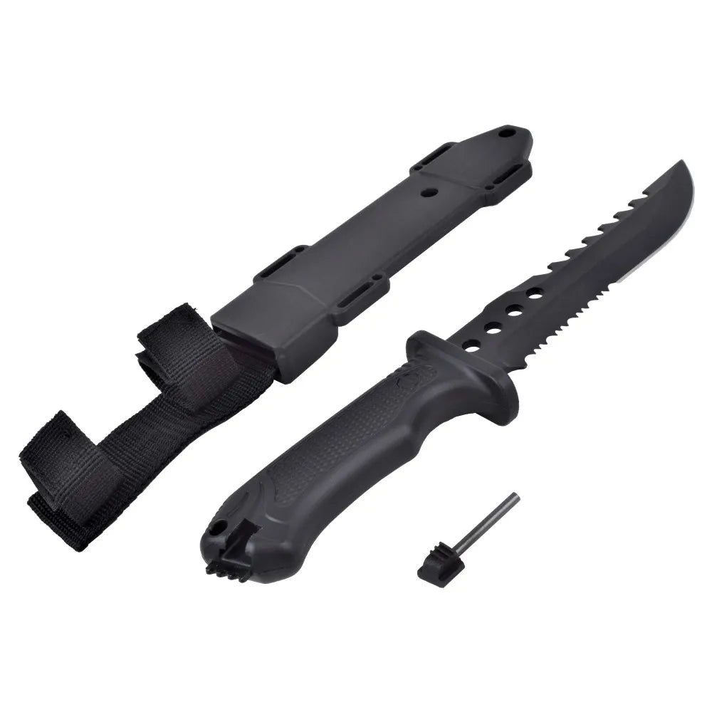 Cuchillo de Caza Táctico con Hoja Negra y Vaina Rígida de Polímero