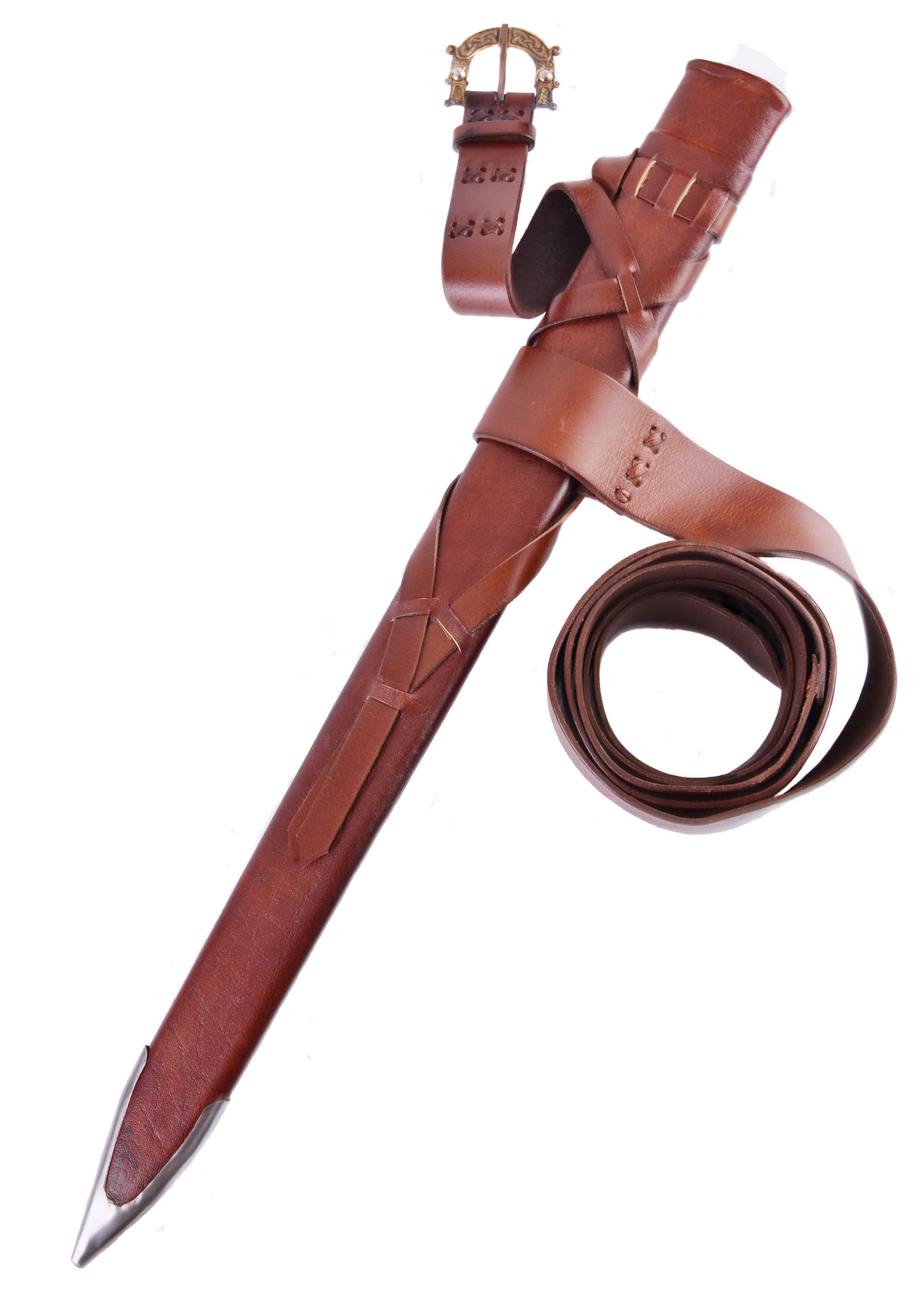 Imagen de Vaina con cinturón y hebilla de bronce para espada vikinga, varias longitudes ULF-SW-11SA parte de nuestra colección en Espadas y más, sitio oficial.