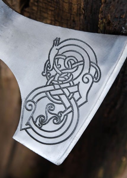 Hacha vikinga, acero fundido, tipo D, con grabado y envoltura de cuero 0416470400 - Espadas y Más