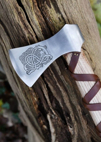 Hacha vikinga, acero fundido, Tipo H, con grabado y envoltura de cuero 0416470700 - Espadas y Más