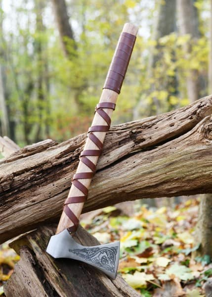 Hacha vikinga, acero fundido, tipo K, con grabado y envoltura de cuero 0416471000 - Espadas y Más
