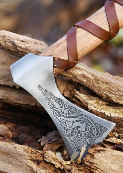Hacha vikinga, acero fundido, tipo K, con grabado y envoltura de cuero 0416471000 - Espadas y Más