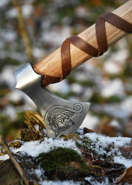 Hacha vikinga, acero fundido, tipo G, con grabado y envoltura de cuero 0416471100 - Espadas y Más