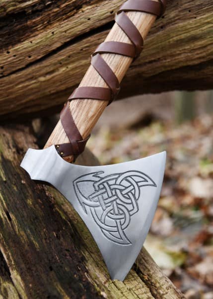 Hacha vikinga, acero fundido, tipo M, con grabado y envoltura de cuero 0416471200 - Espadas y Más