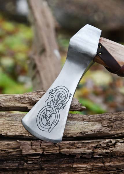 Hacha vikinga, acero fundido, tipo A, con grabado y envoltura de cuero 0416471300 - Espadas y Más