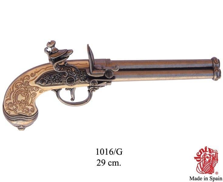 Imagen de PISTOLA DE CHISPA DE 3 CAÑONES, ITALIA 1680 1016G,Réplica no funcional parte de nuestra colección en Espadas y más, sitio oficial.