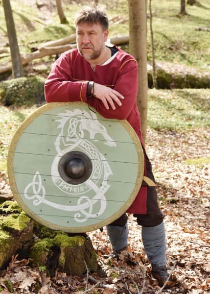 Escudo redondo vikingo "Fenrir" con ribete de cuero crudo, 80 cm 1116448000 - Espadas y Más