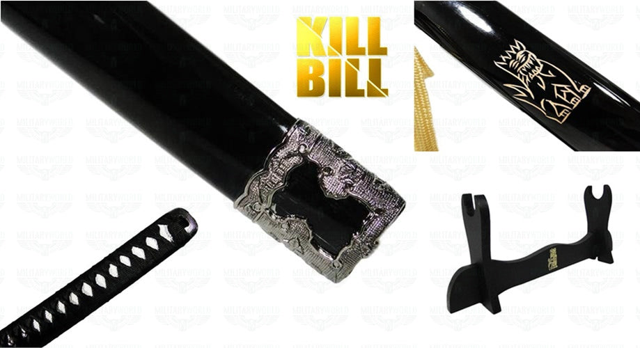 Detalles de la Katana de Kill Bill como la que aparece en la película. Detalle en el Kojiri y expositor. Vendida por Espadas y más