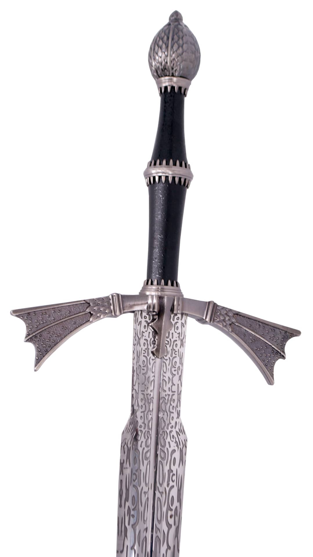 Detalle del pomo y la hoja de la Espada de fantasía de Daemon Targaryen de La Casa del Dragón. Vendida por Espadas y más