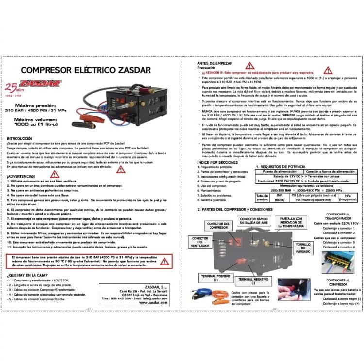 Imagen de Compresor Eléctrico ZASDAR 12v/220v para PCP 300 Bar. 1000cc. (4500PSI/30MPH) ZYS0012V parte de nuestra colección en Espadas y más, sitio oficial.