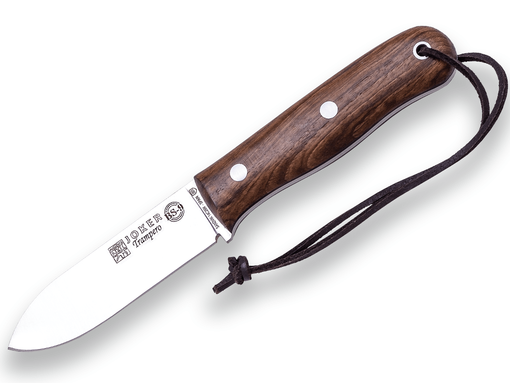 CUCHILLO BUSHCRAFT Y CAZA JOKER BS9 TRAMPERO. ACERO SANDVIK 14C28N, MANGO MADERA DE NOGAL, HOJA 10 CM. CON FUNDA VAQUETILLA Y FERROCERIO CN113-P - Espadas y Más