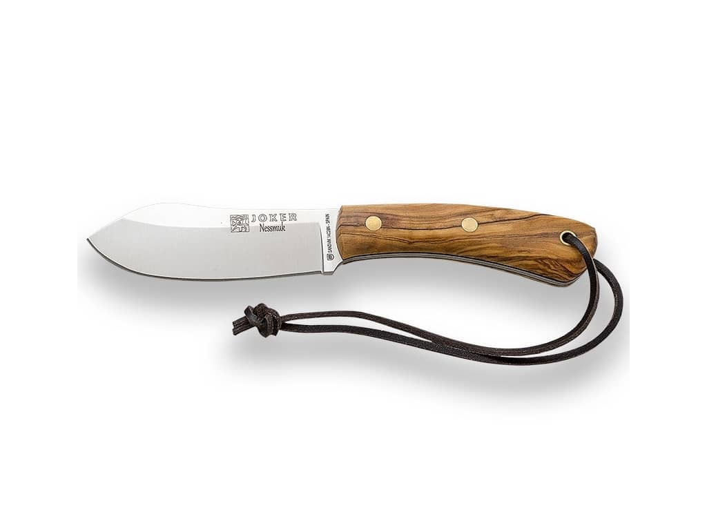 Cuchillo de caza Joker Nessmuk S CL132, mango de abedul, hoja de 11 cm  Sandvik 14C28N, funda marrón de cuero, herramienta de pesca, caza, camping  y senderismo