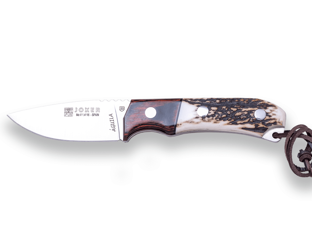 Imagen de Cuchillo De Caza Joker Aguila, Puño Asta De Ciervo, Virola Madera Roja, Hoja De 8,5 Cm. Funda De Cuero CC103 parte de nuestra colección en Espadas y más, sitio oficial.