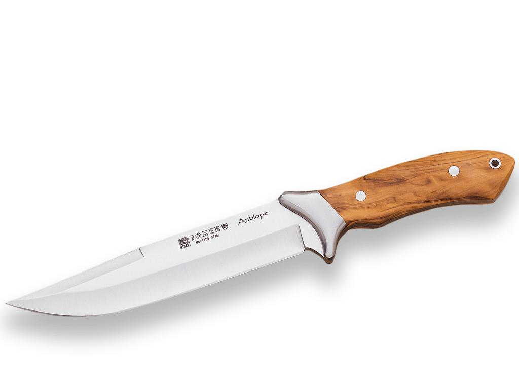 Imagen de Cuchillo De Caza Joker Antílope, Cachas Madera Olivo, Hoja 19.5 Cm Acero Inox Mova.Funda De Cuero. CO02 parte de nuestra colección en Espadas y más, sitio oficial.
