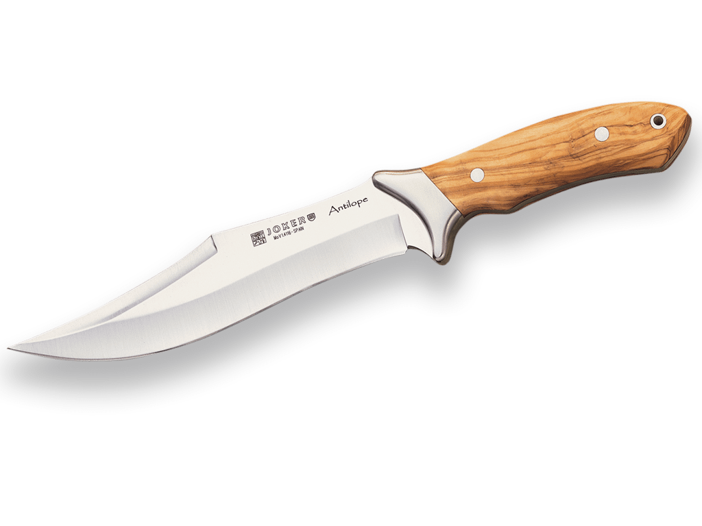 CUCHILLO DE CAZA JOKER ANTÍLOPE, CACHAS MADERA OLIVO Y HOJA DE 19,5 CM.FUNDA DE CUERO. CO01 - Espadas y Más