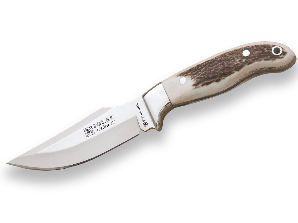 CUCHILLO DE CAZA JOKER CEBRA II,CACHAS EN ASTA DE CIERVO Y HOJA DE 11 CM.FUNDA DE CUERO. CC40 - Espadas y Más