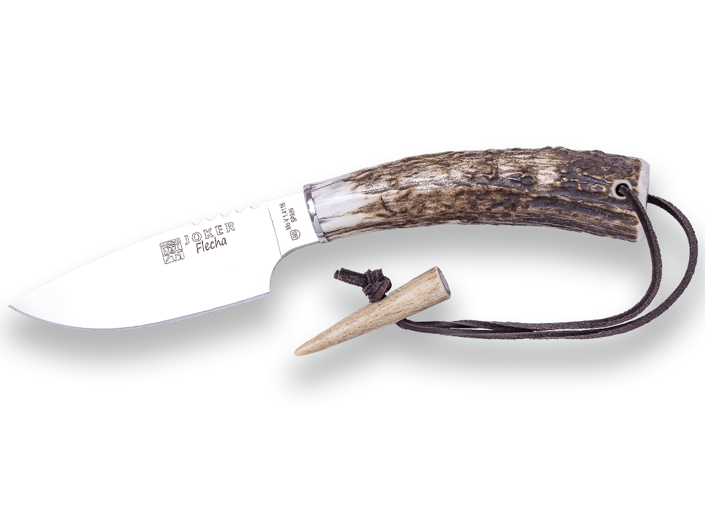 CUCHILLO DE CAZA JOKER FLECHA, PUÑO ASTA DE CIERVO, HOJA DE 10,5 CM. FUNDA DE CUERO CC106 - Espadas y Más